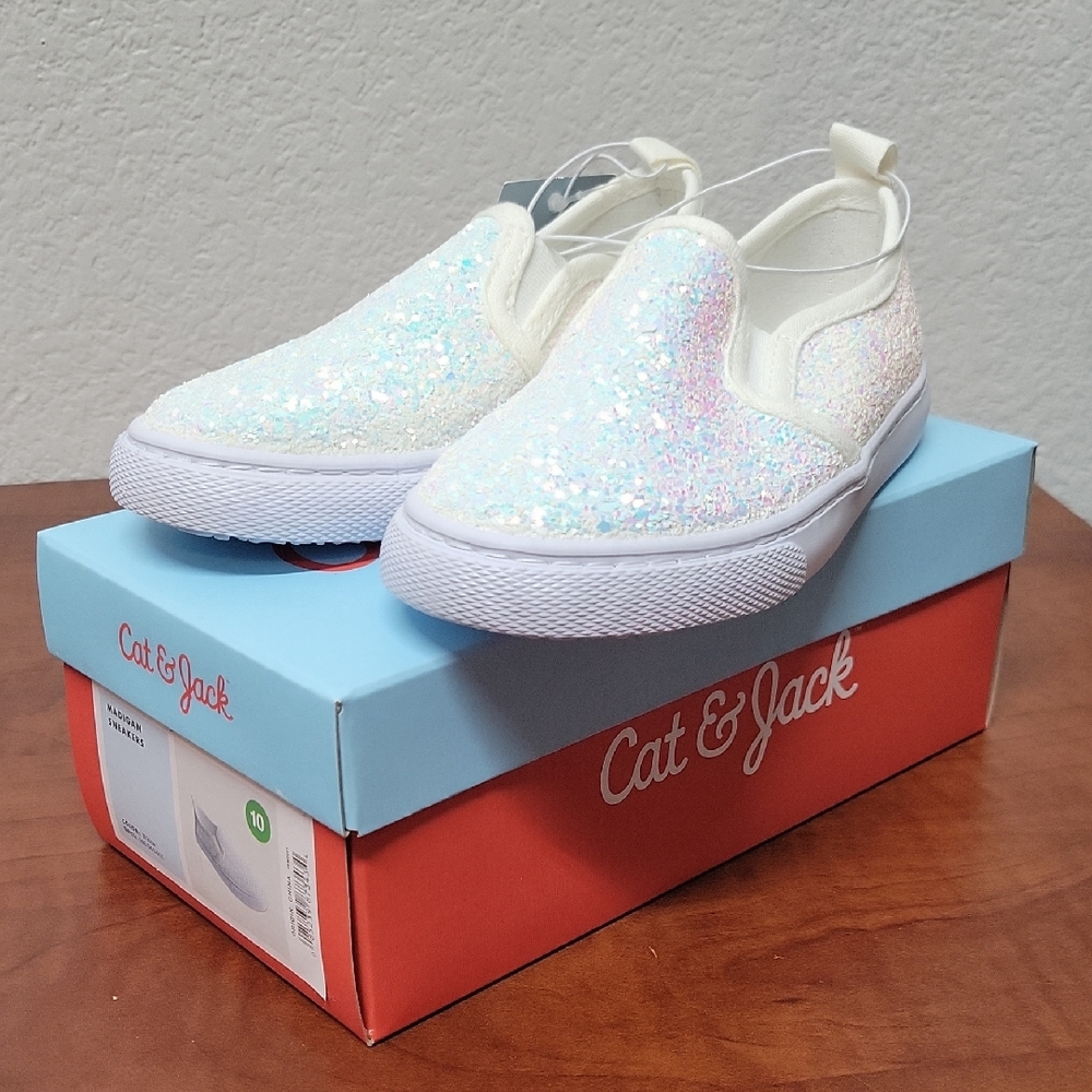 Cat & Jack Girls Glitter Slip-On Shoes White 10 NWT